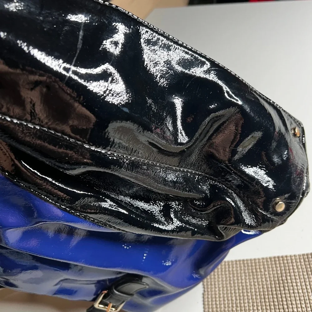 Kate Spade New York Blue Black Patent Leather Colorblock Tote Shoulder Bag